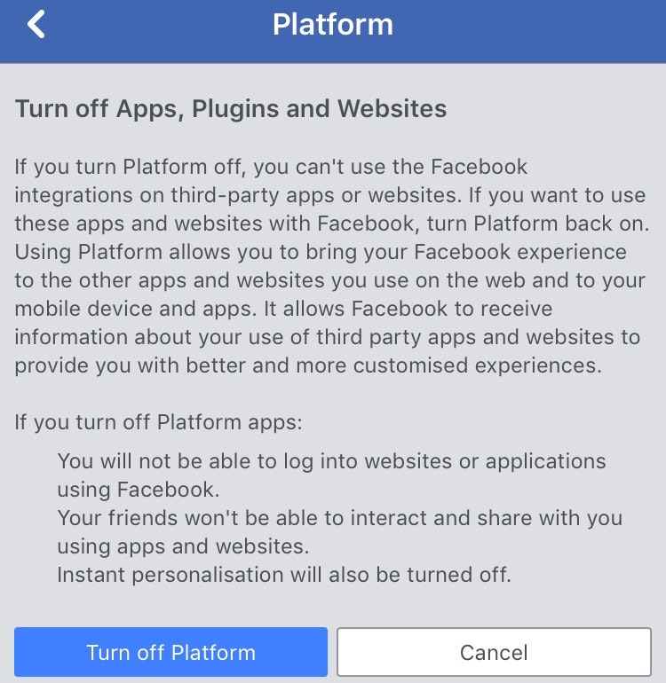 Impostazioni sulla privacy dei dati personali dell'app Facebook