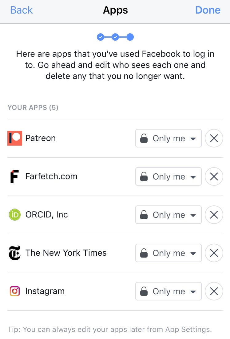 Configurações de privacidade de dados pessoais do aplicativo do Facebook