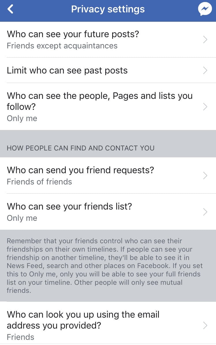 Настройки конфиденциальности личных данных приложения Facebook